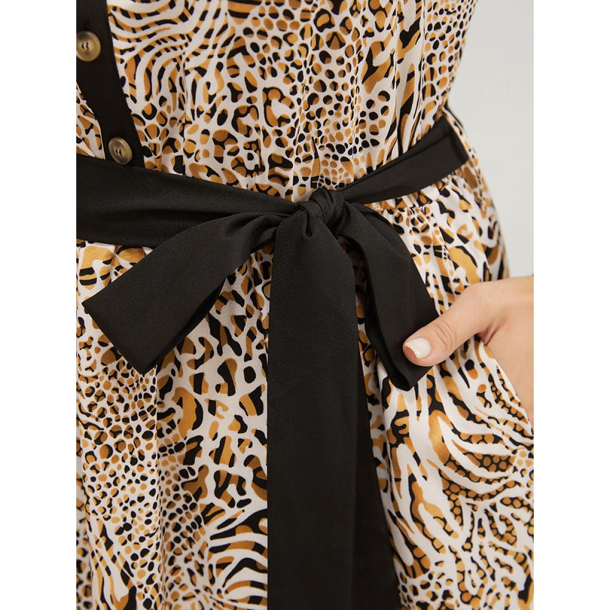 Plus Size Leopard Contrast Trim Pocket Ruffle Hem Belted Button Up Dress Multicolor Women Office Contrast Shirt collar Sleeveless Curvy Knee Dress BloomChic 14-16/1X Product Image