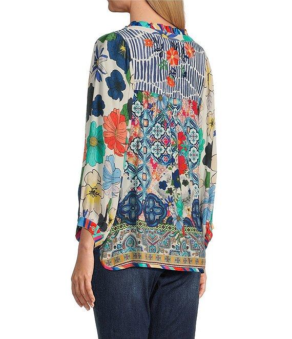John Mark Embroidered Floral Print Split Neck 3/4 Sleeve Tunic Product Image