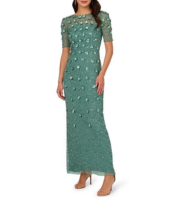 Adrianna Papell Floral Beaded Mesh Round Neck Short Sleeve Gown Product Image