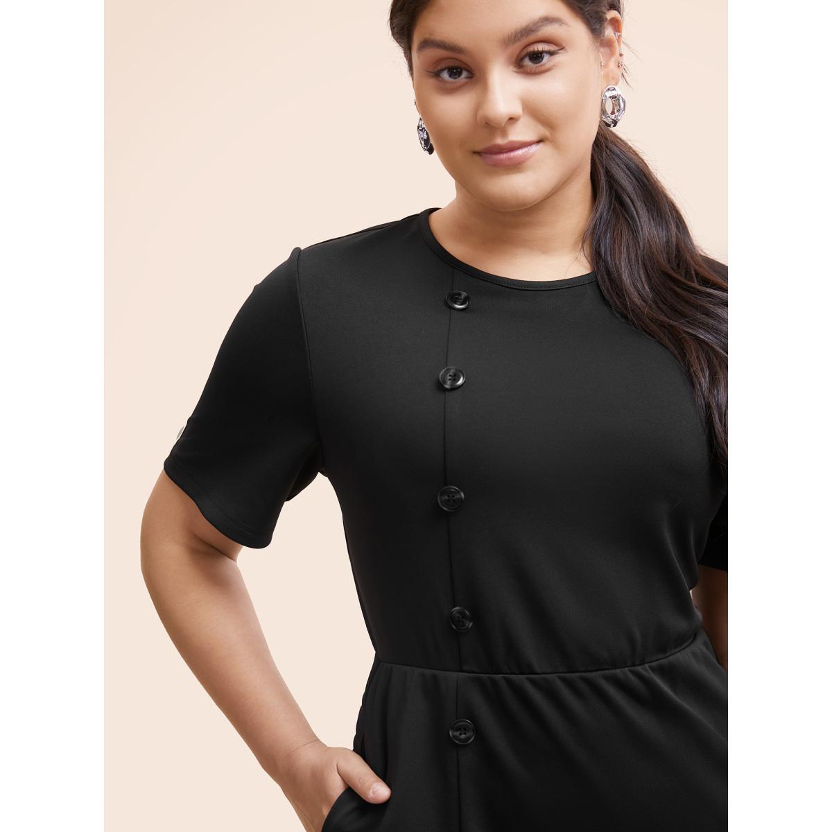 Plus Size Round Neck Button Detail Split Hem Dress Black Women At the Office Button Round Neck Short sleeve Curvy BloomChic 12/L Product Image