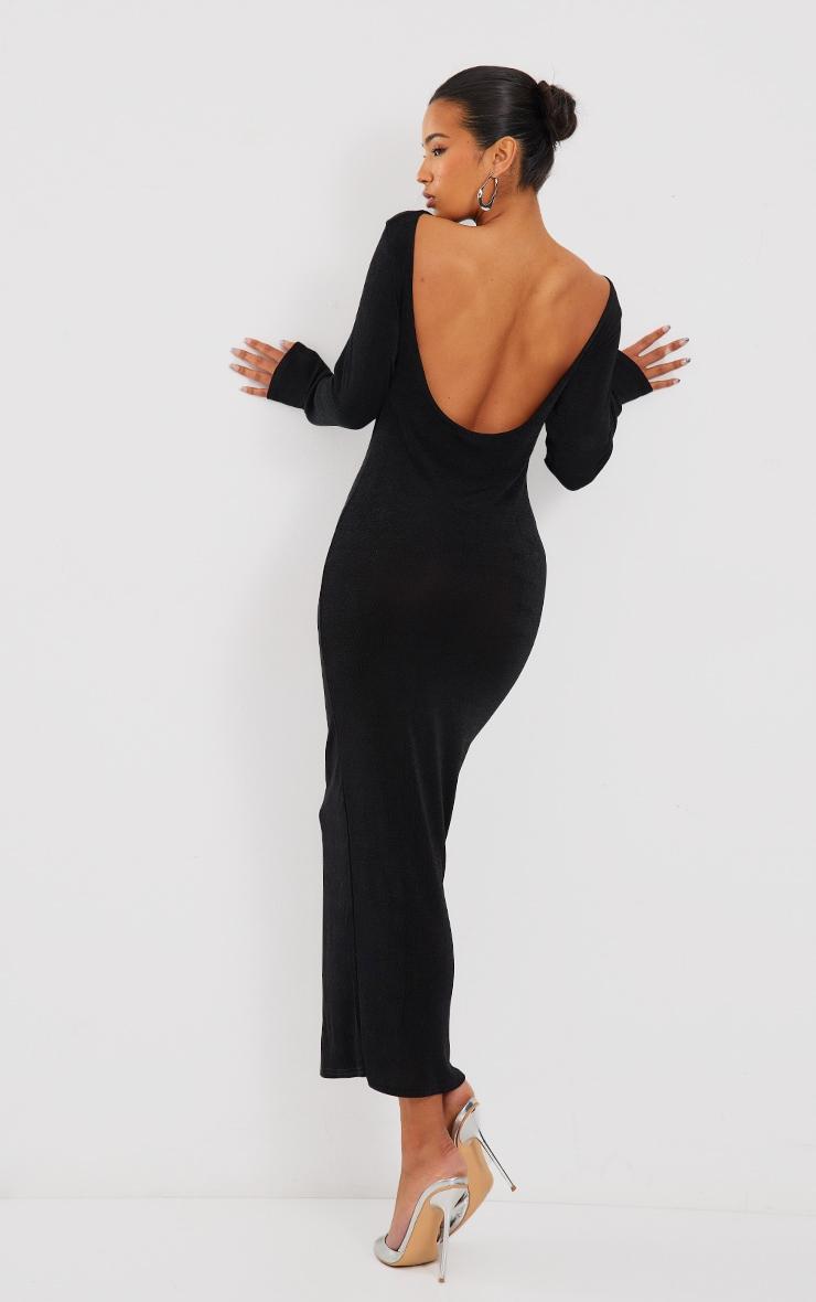 Black Acetate Slinky Long Sleeve Slash Neck Open Back Maxi Dress Product Image