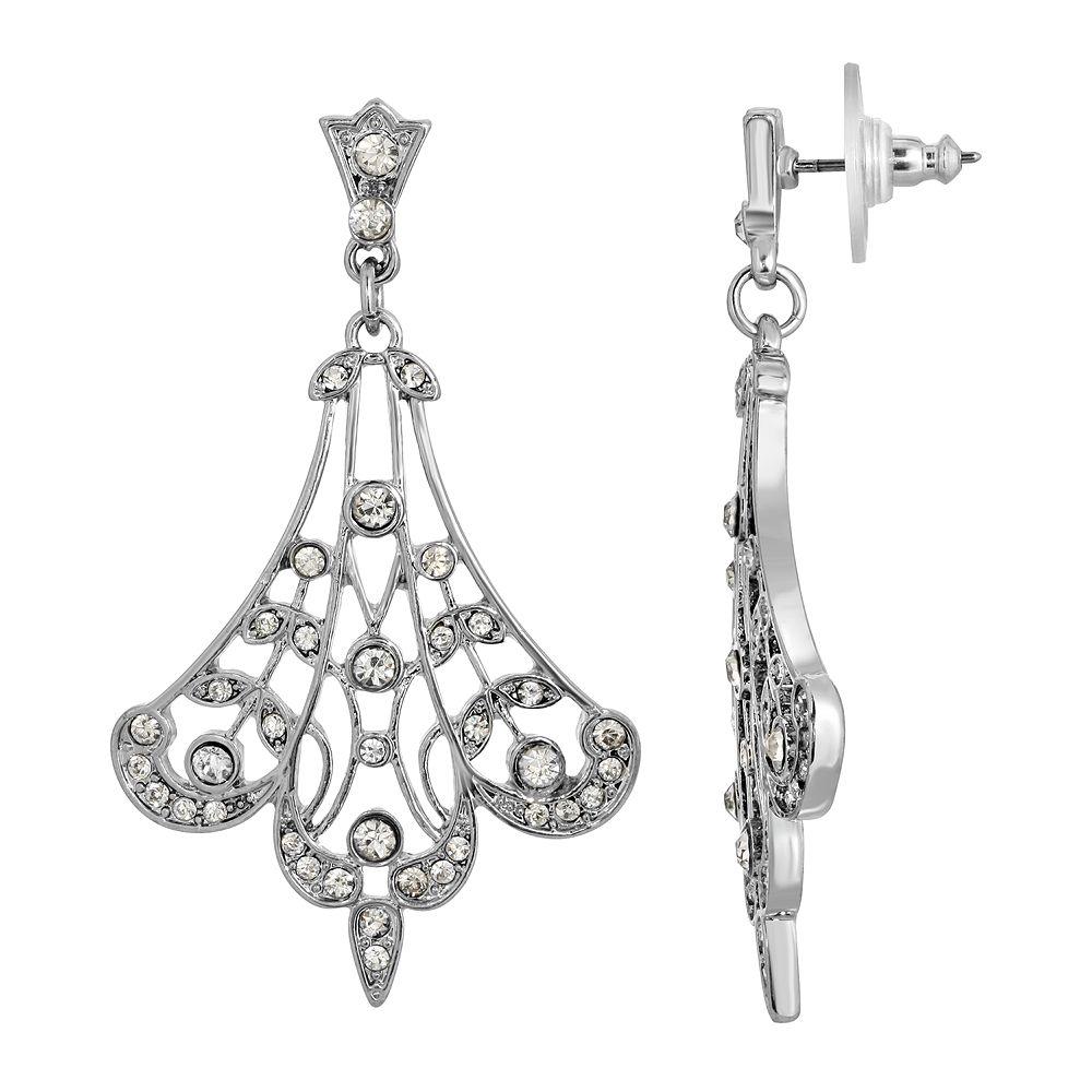 1928 Silver-Tone Crystal Fan Filigree Drop Earrings, Womens, Multi Product Image
