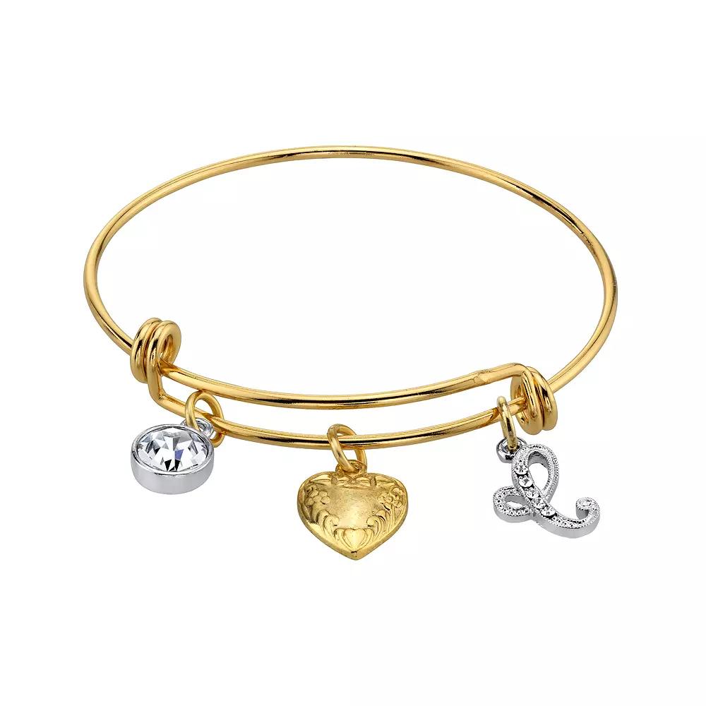 1928 Two Tone Crystal, Heart & Initial Charm Bangle Bracelet, Womens Product Image