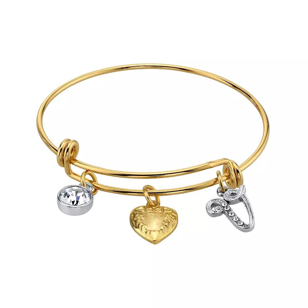 1928 Two Tone Crystal, Heart & Initial Charm Bangle Bracelet, Womens Product Image