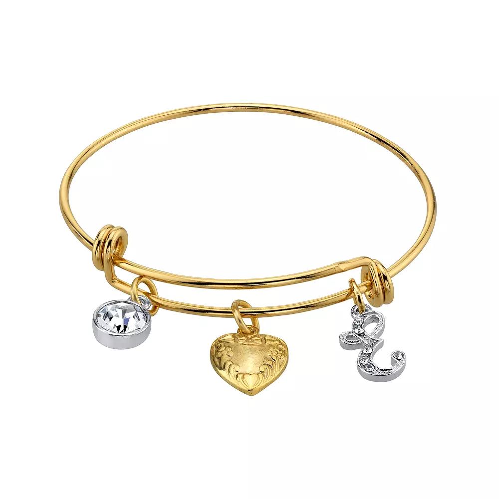 1928 Two Tone Crystal, Heart & Initial Charm Bangle Bracelet, Womens Product Image
