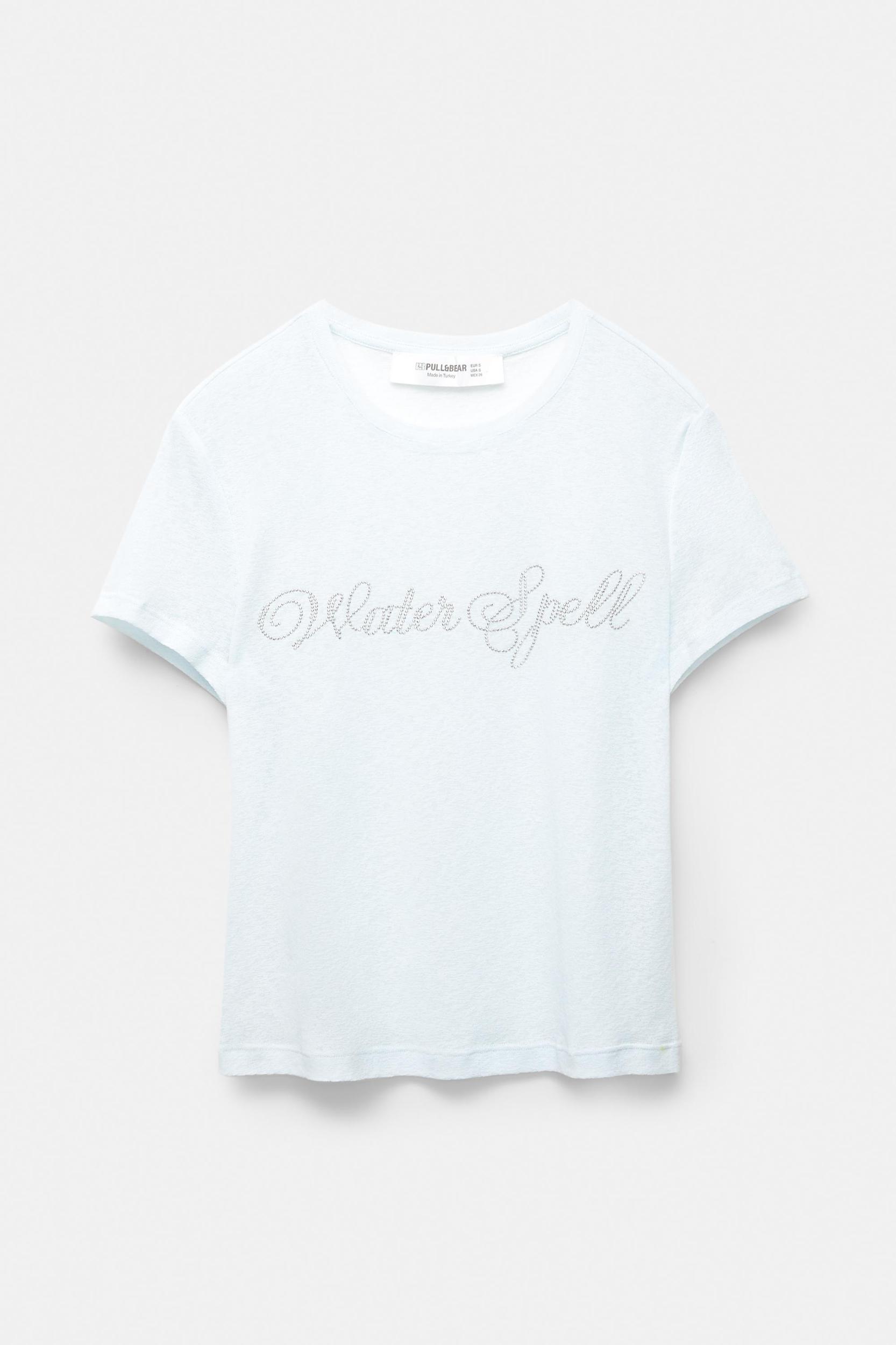 T-shirt with rhinestone slogan Product Image