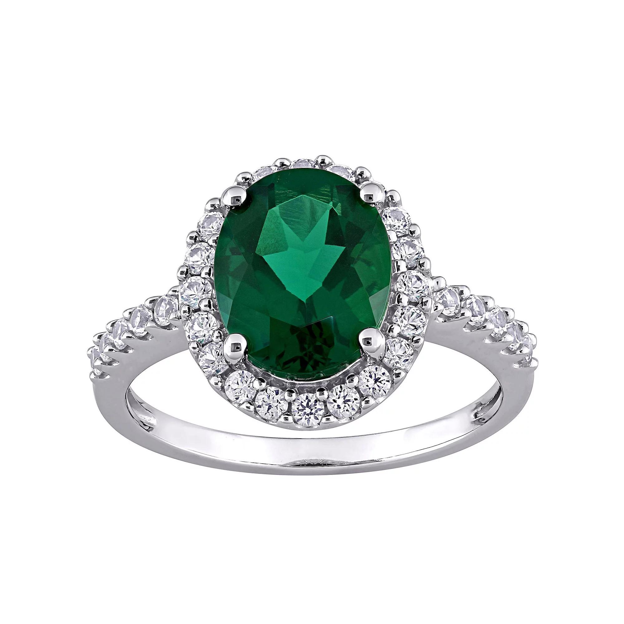 Stella Grace 10k White Gold Lab-Created Emerald & Lab-Created White Sapphire Halo Engagement Ring, Women's,  Product Image