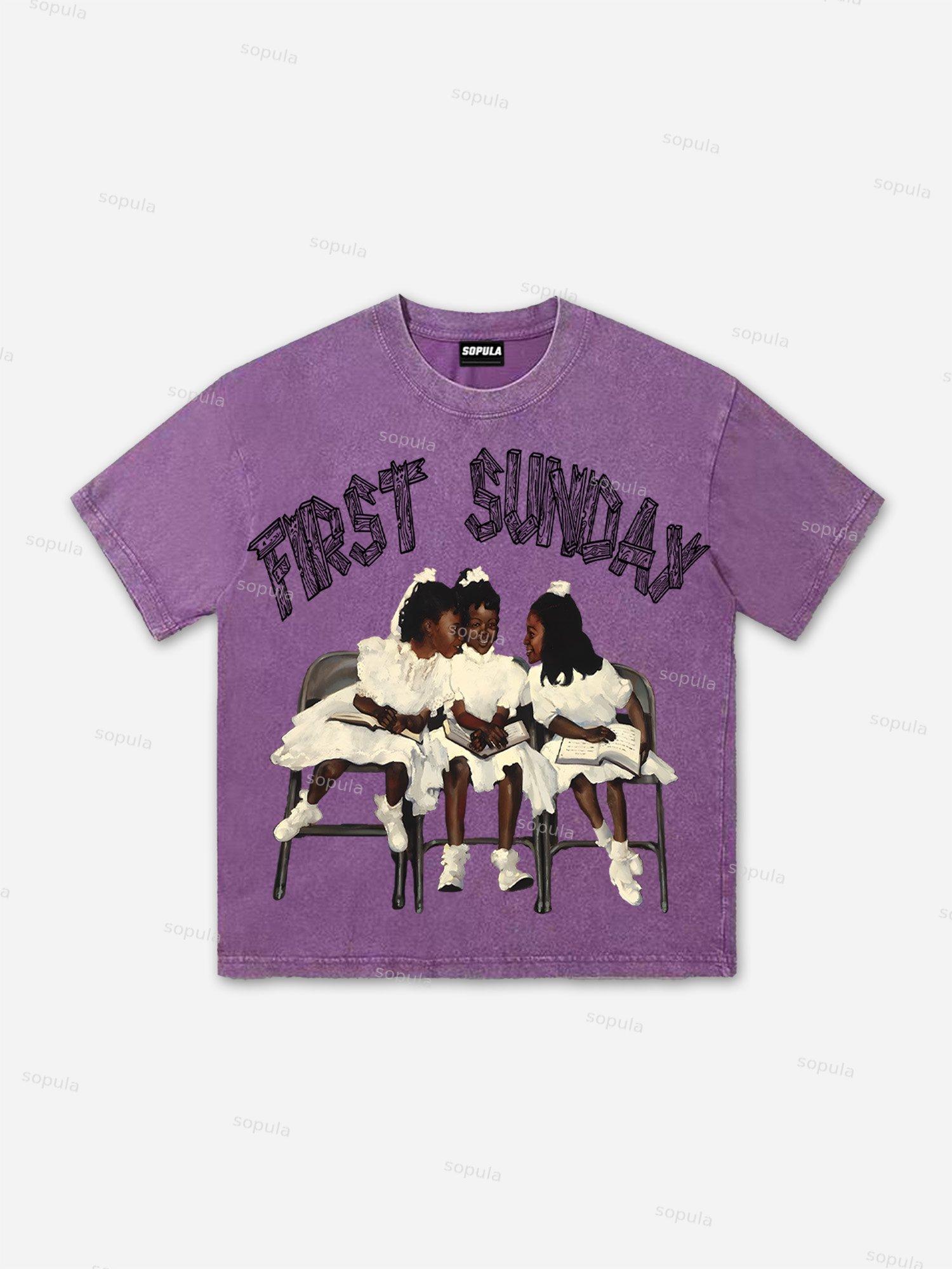 First Sunday Retro Graphic Print Acid Washed T-Shirt Product Image