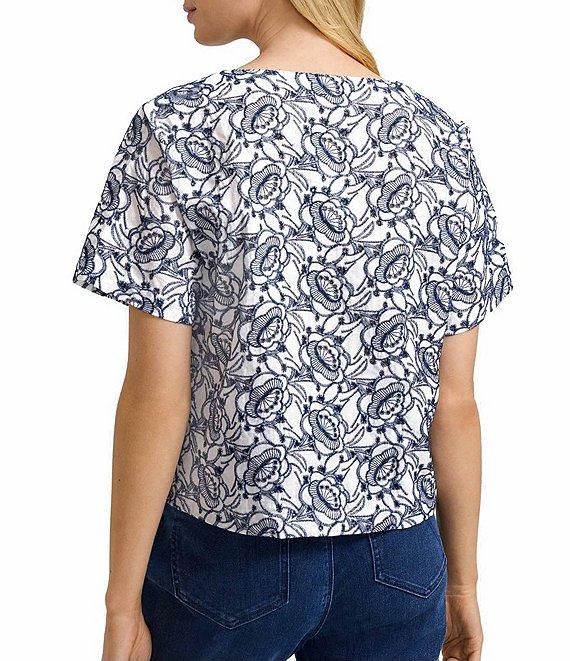 Foxcroft Isabel Floral Eyelet Elbow Sleeve Button Front Shirt Product Image
