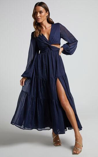 Edelyn Midi Dress - Cut Out Balloon Sleeve Tiered Dress in Navy Product Image