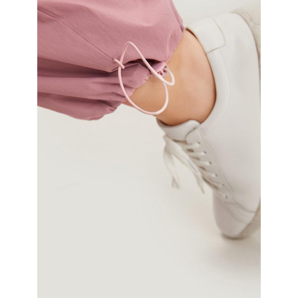 Plus Size Plain Paperbag Waist Drawstring Hem Slant Pocket Pants Women Rouge Casual High Rise Dailywear Pants BloomChic 30/6X Product Image