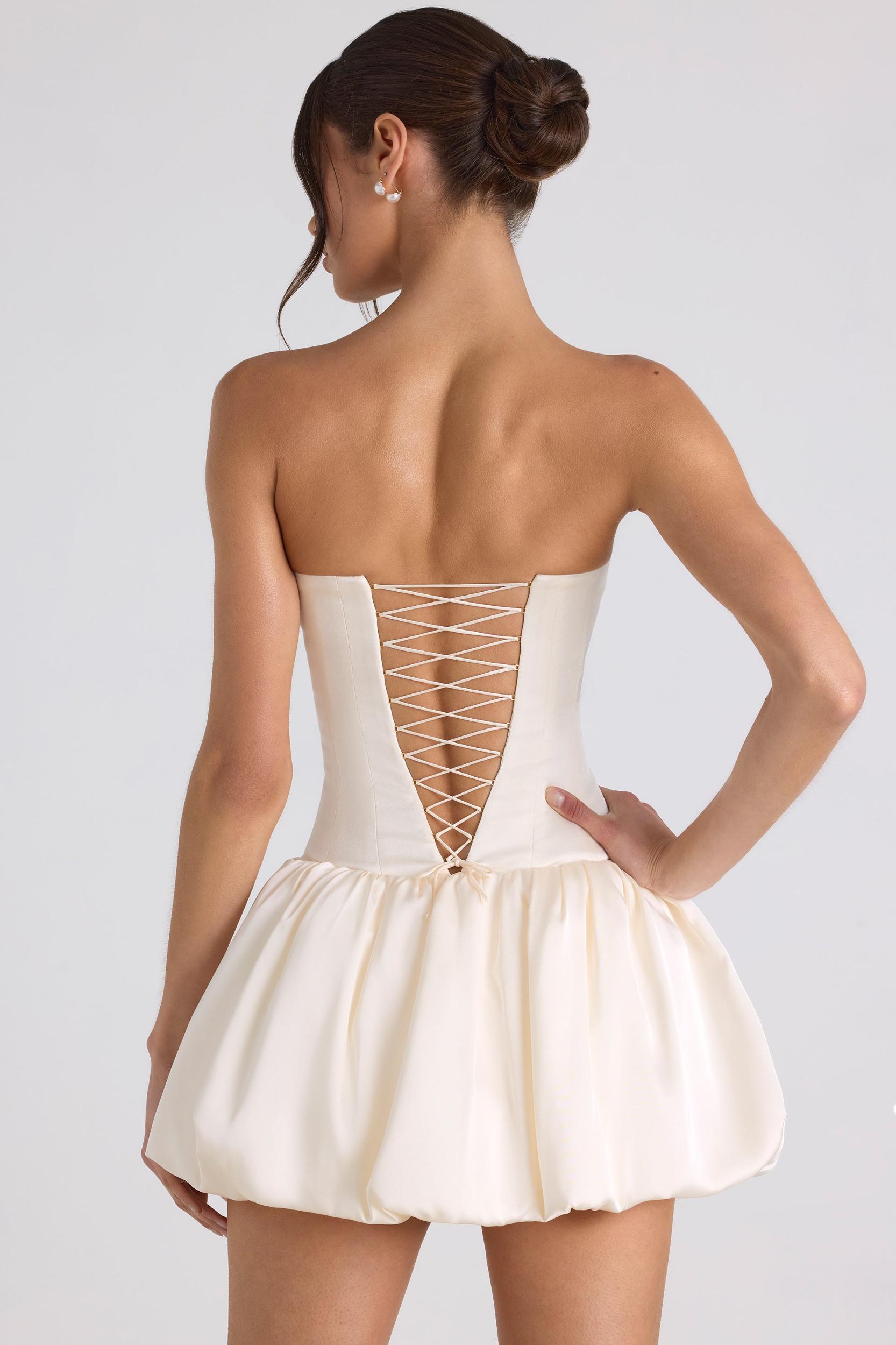 Lace-Up Bubble Hem Corset Mini Dress in Ivory Product Image