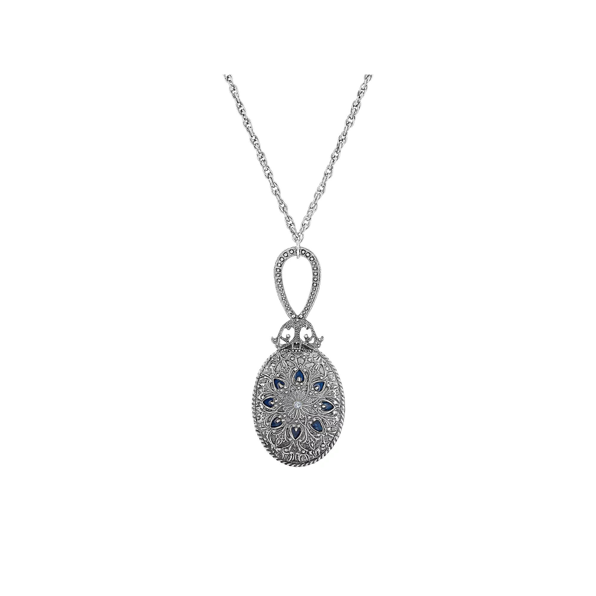 1928 Silver Tone Oval Mirror With Blue Enamel and Simulated Crystal Necklace, Womens Product Image