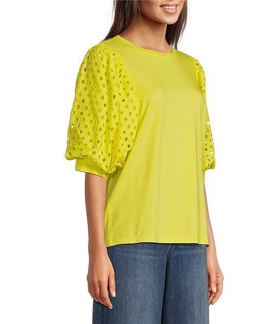 Gibson & Latimer Knit Contrast Eyelet Crew Neck Short 3/4 Balloon Sleeve Top Product Image