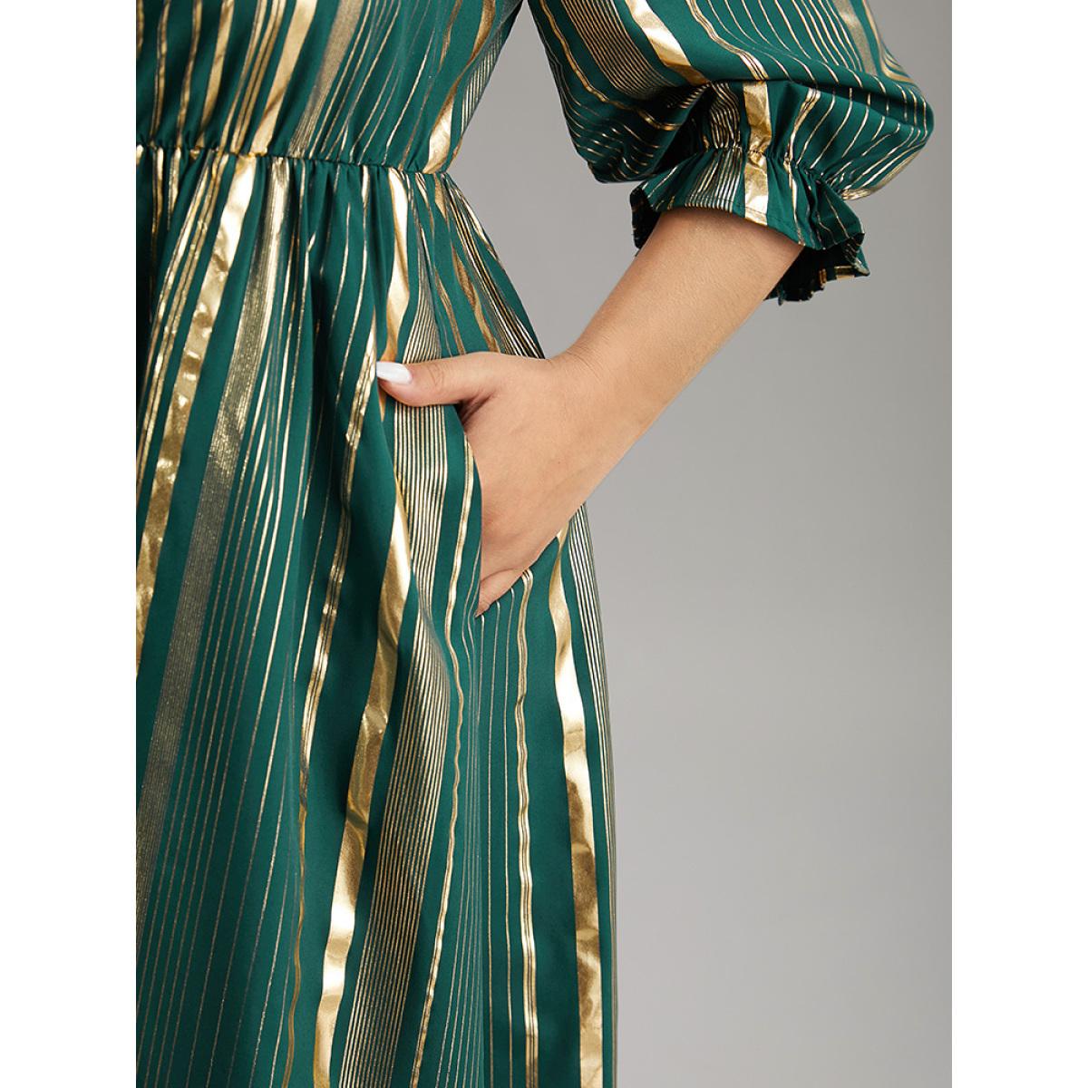 Plus Size Glitter Square Neck Pocket Elastic Waist Dress Cyan Women Party Gathered Square Neck Elbow-length sleeve Curvy Midi Dress BloomChic 10/M Product Image