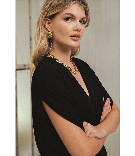 ELAN V-Neck Stretch Draped Front Short Sleeve Jumpsuit Product Image