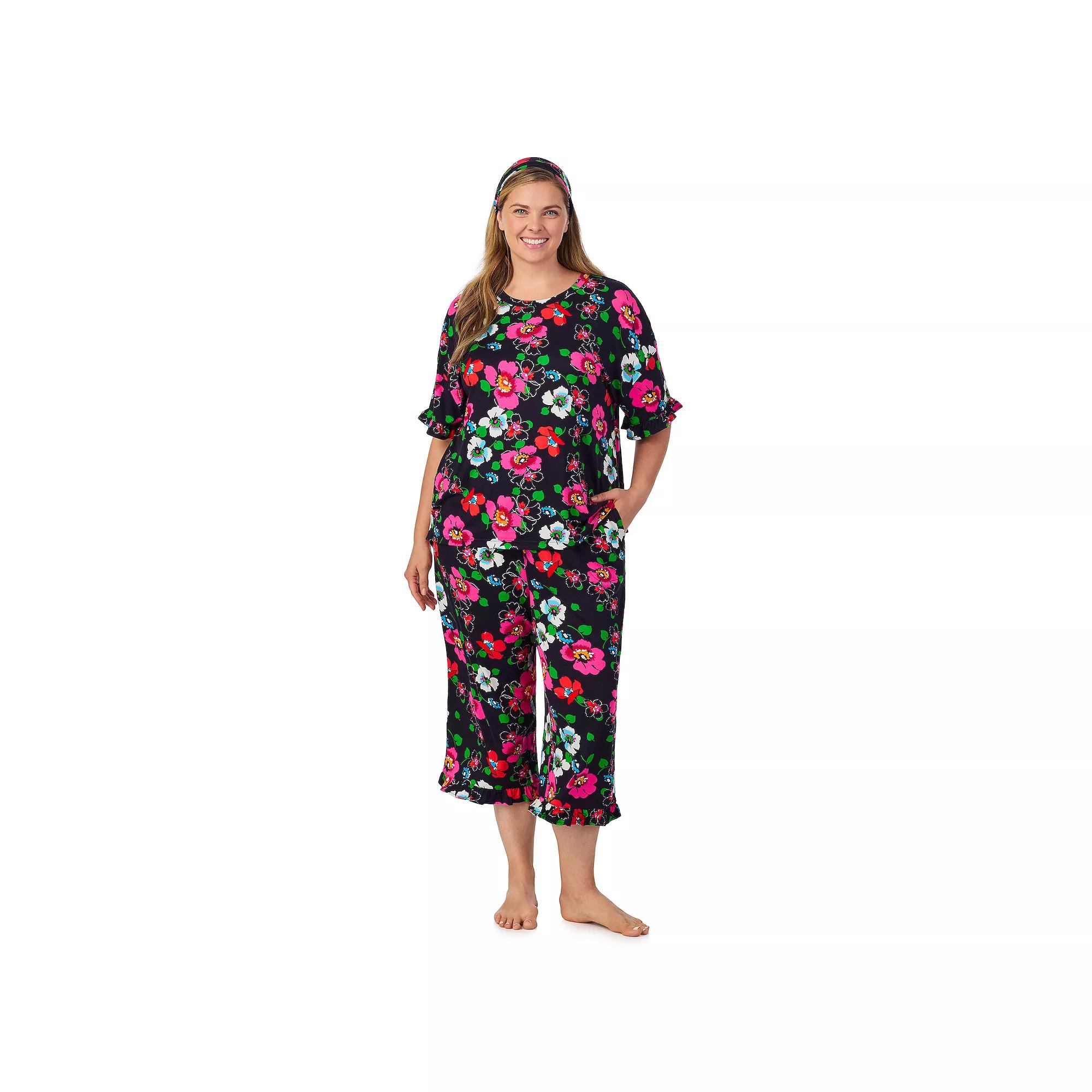 Plus Size Cuddl Duds® 3-Piece Short Sleeve Pajama Top, Cropped Pajama Pants & Headband Set, Women's, Size: 2XL, Blue Floral Product Image
