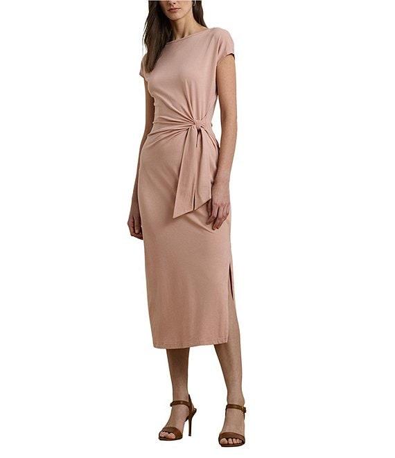 Lauren Ralph Lauren Knit Boat Neck Short Sleeve Front Tie Sheath Midi Dress Product Image