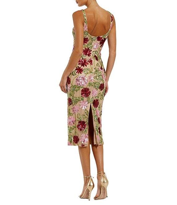 Mac Duggal Scoop Neck Floral Beaded Mesh Sheath Midi Dress Product Image