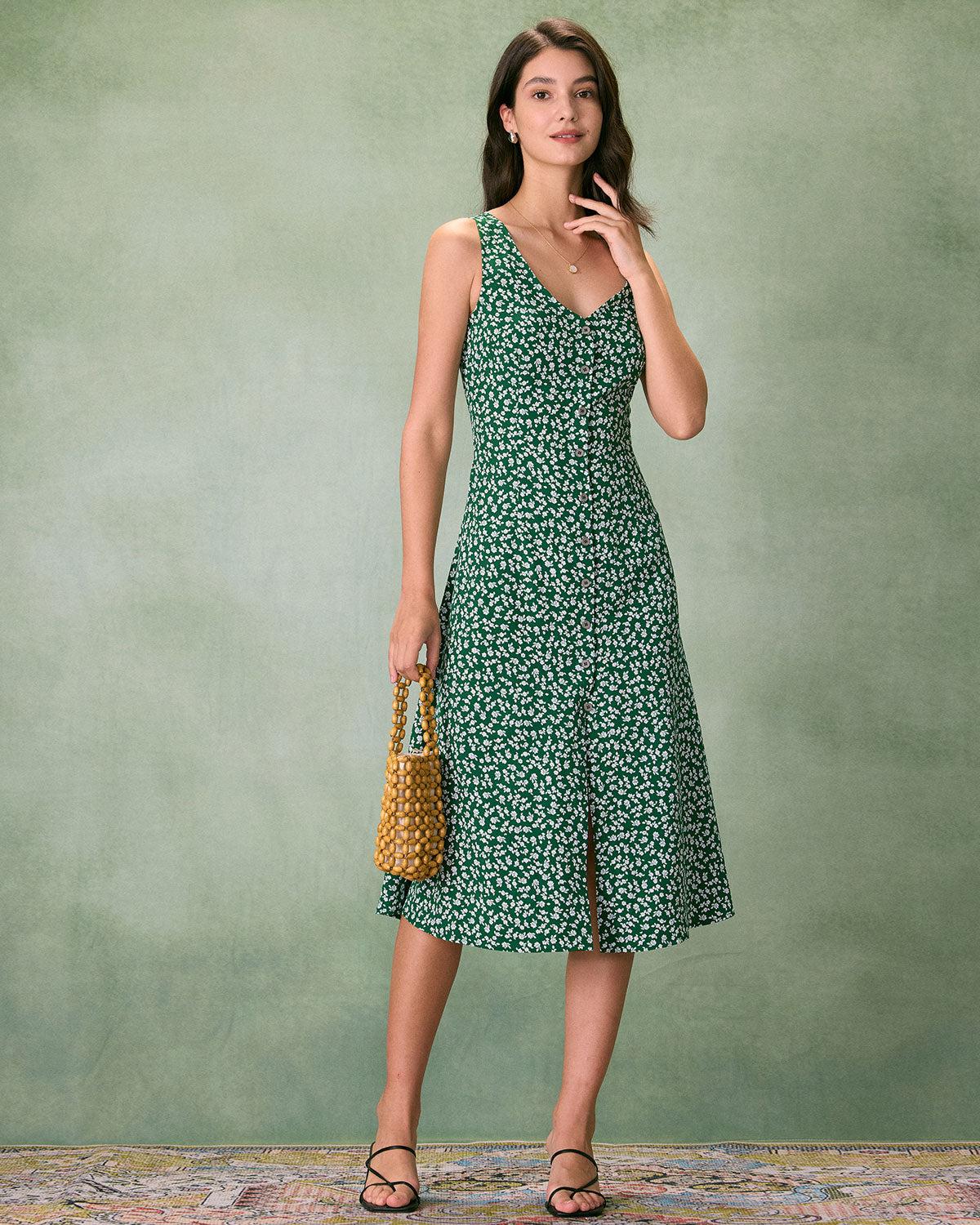 The Green V Neck Floral Button Midi Dress Product Image