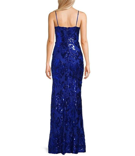 Midnight Doll Patterned Sequin Scoop Neck Spaghetti Strap Side Slit Dress Product Image