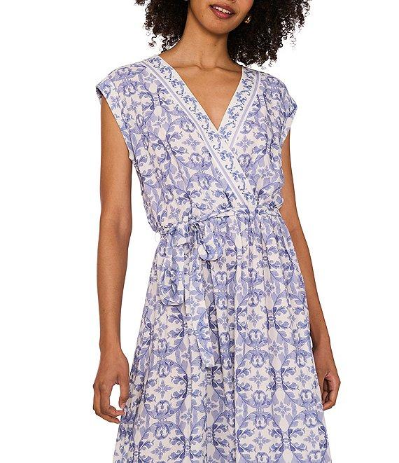 Vince Camuto Woven Printed V-Neck Cap Sleep Tie Front Maxi Wrap Dress Product Image