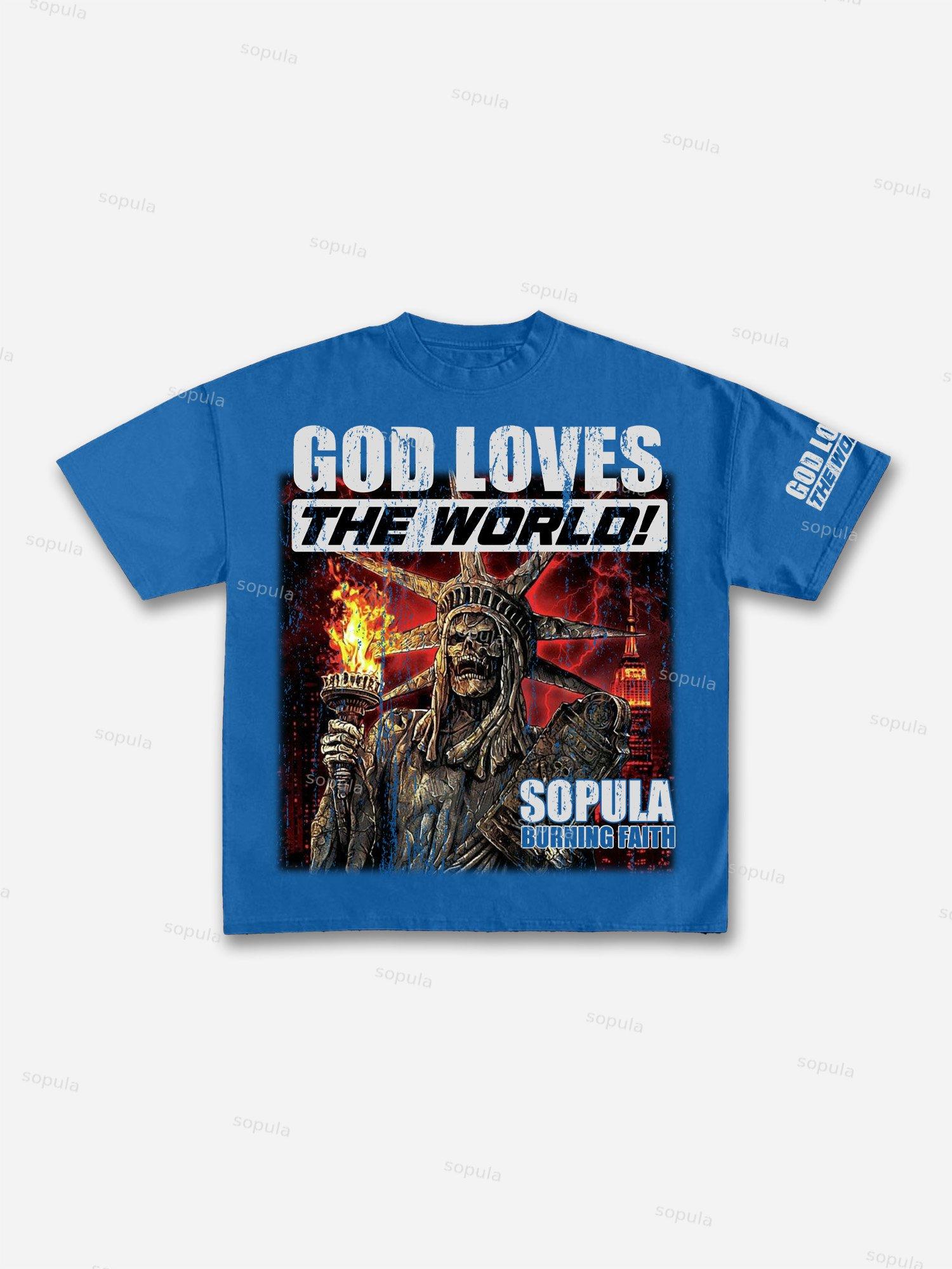 Men's God Loves The World Vintage Graphic Cotton T-Shirt Product Image