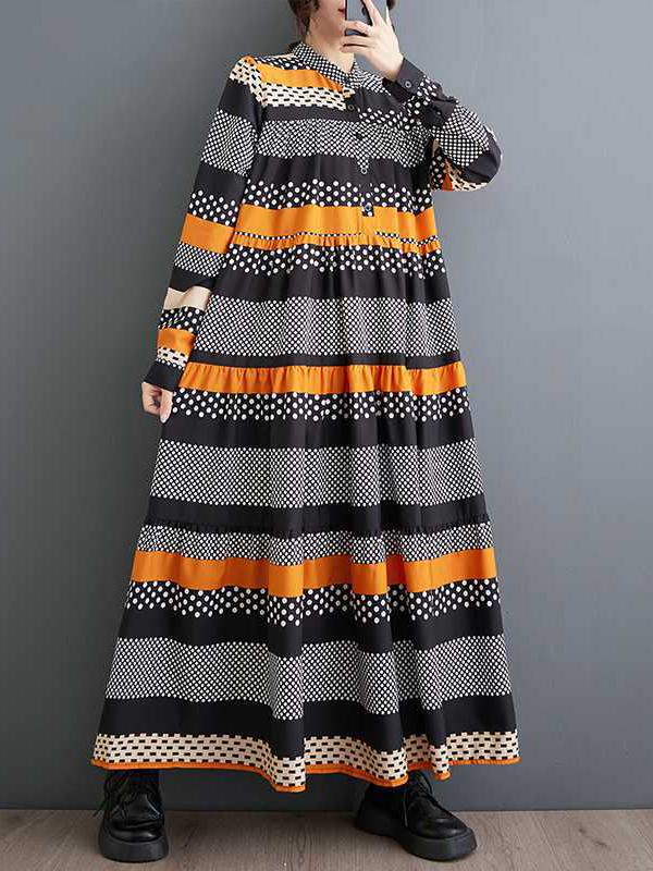 A-Line Long Sleeves Buttoned Polka-Dot Split-Joint Round-Neck Midi Dresses Product Image