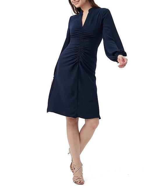 Trina Turk Lora Georgette Split V-Neck Long Blouson Sleeve Ruched Dress Product Image