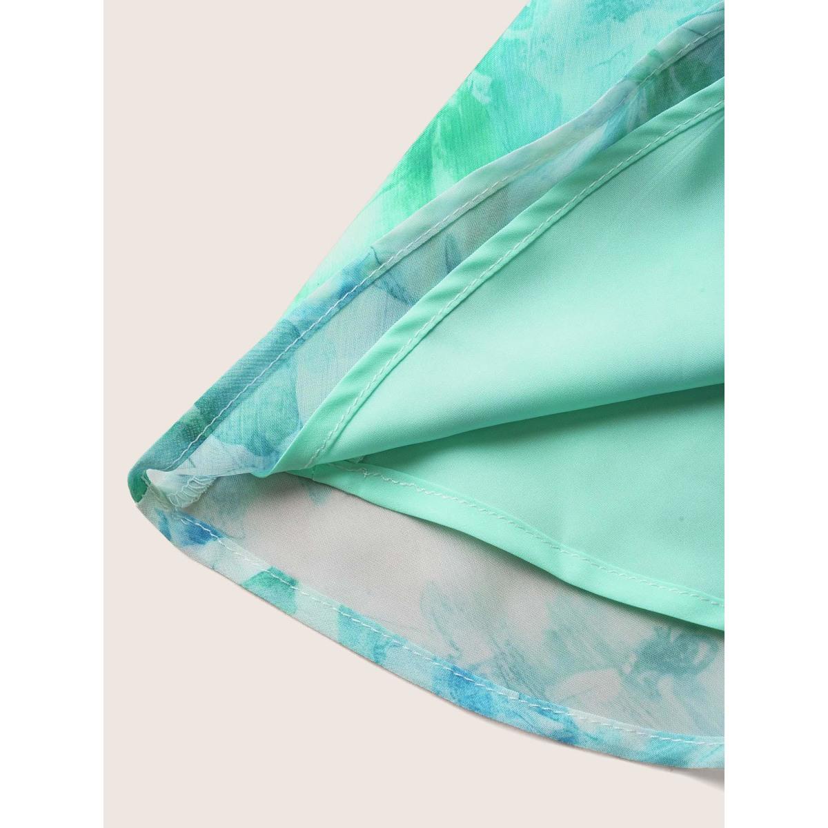 Plus Size Mint Square Neck Watercolor Floral Mesh Shirred Blouse Women Elegant Short sleeve Square Neck Everyday Blouses BloomChic 28/5X Product Image