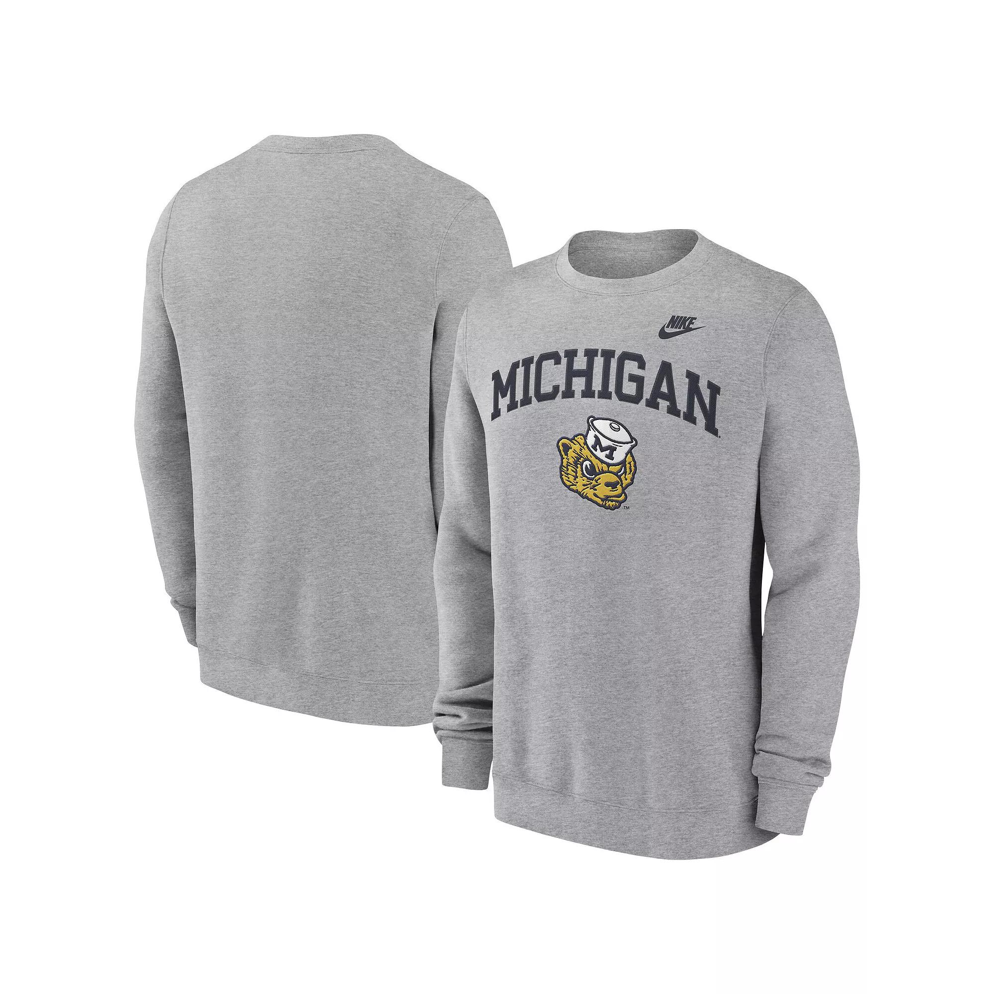 Men's Nike Heather Gray Michigan Wolverines Legacy Classic Tackle Twill Embroidered Arch Over Logo Pullover Sweatshirt,  Product Image