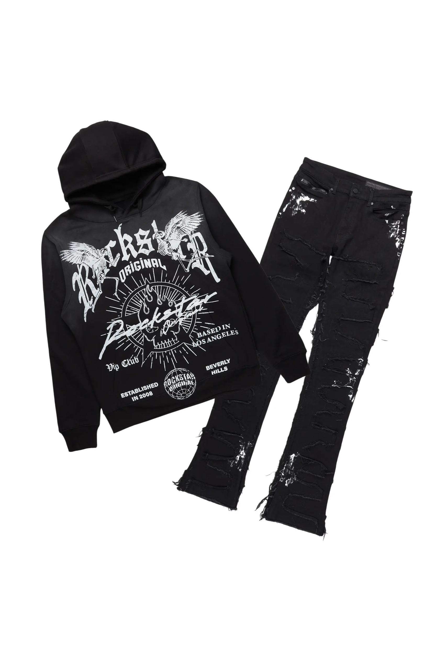 Tally Black Hoodie/Stacked Flare Jean Bundle Male Product Image