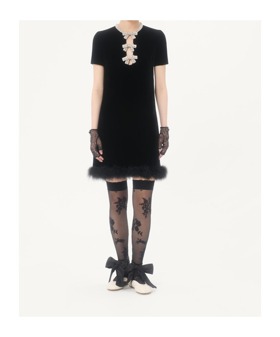 VALENTINO Crystal Bow Velvet Mini Dress With Feather Trim In Black Product Image