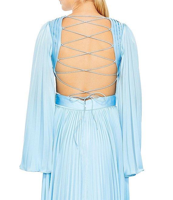 Mac Duggal Pleated V-Neck Long Bell Sleeve Side Cut-Out Gown Product Image