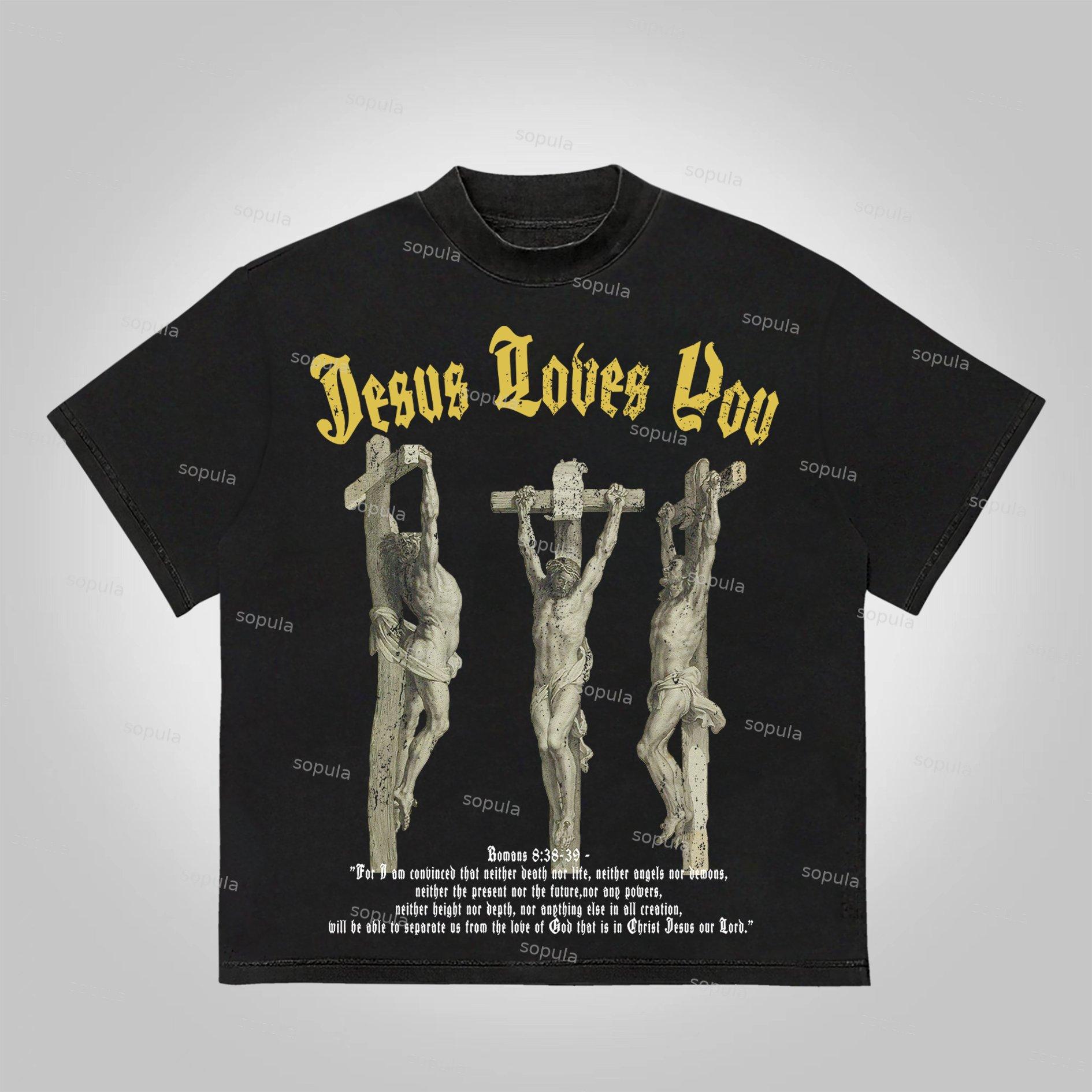 Sopula Jesus Portrait Jesus Loves You Bible Graphic Print Cotton T-Shirt Product Image