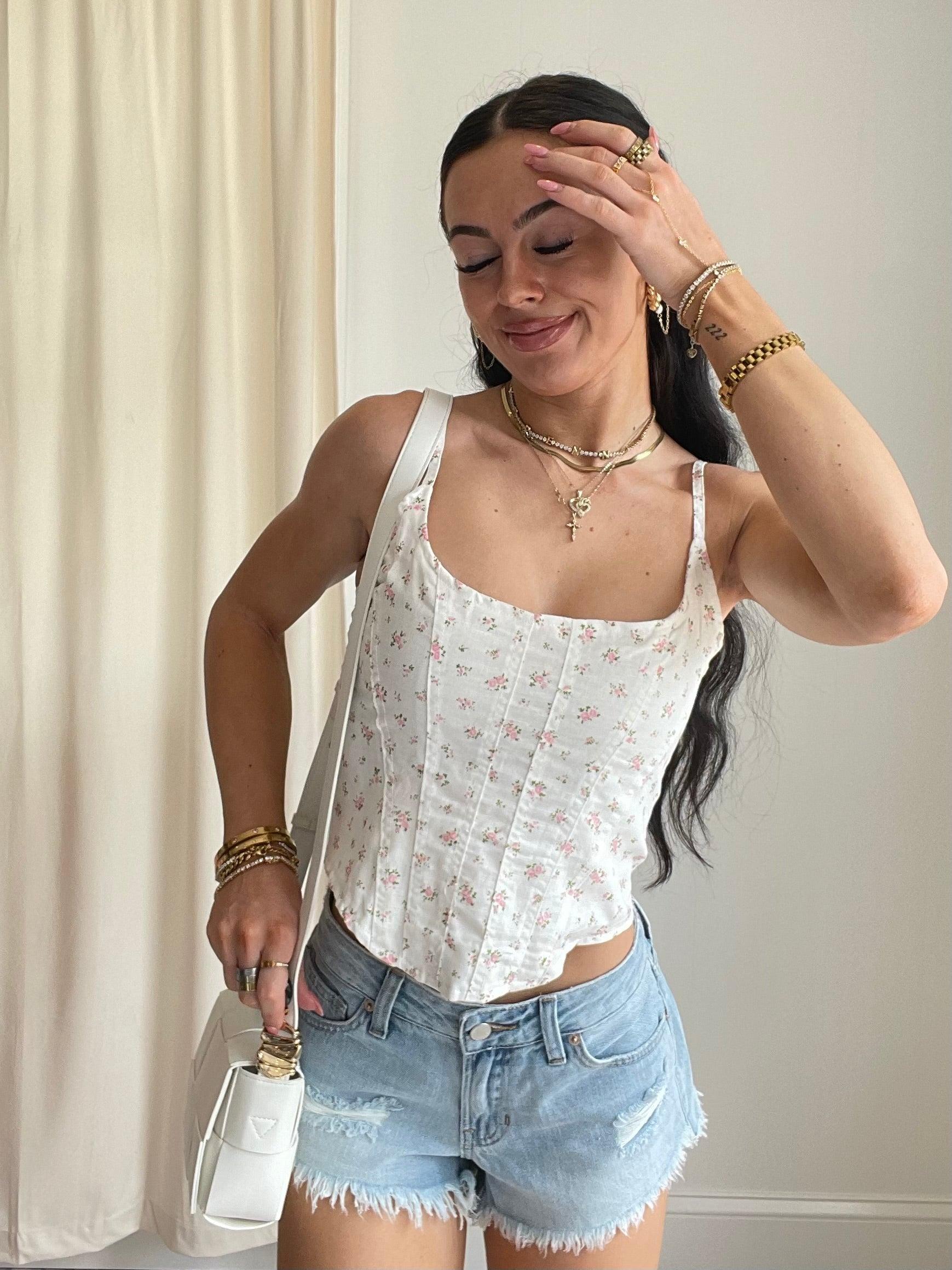 FINAL SALE Lena Ditsy Floral Corset Tank Top | White & Pink Product Image