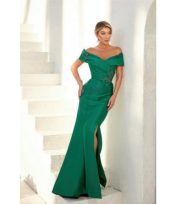 Terani Couture Pleated Off-the-Shoulder Short Sleeve Mermaid Gown Product Image