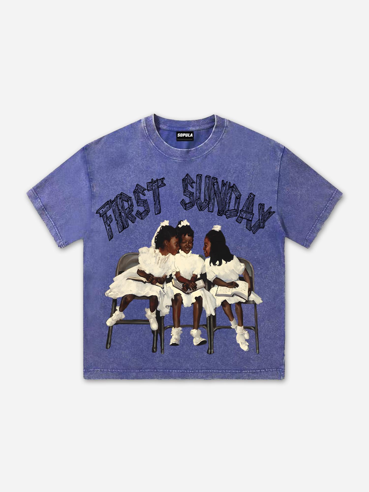 First Sunday Retro Graphic Print Acid Washed T-Shirt Product Image