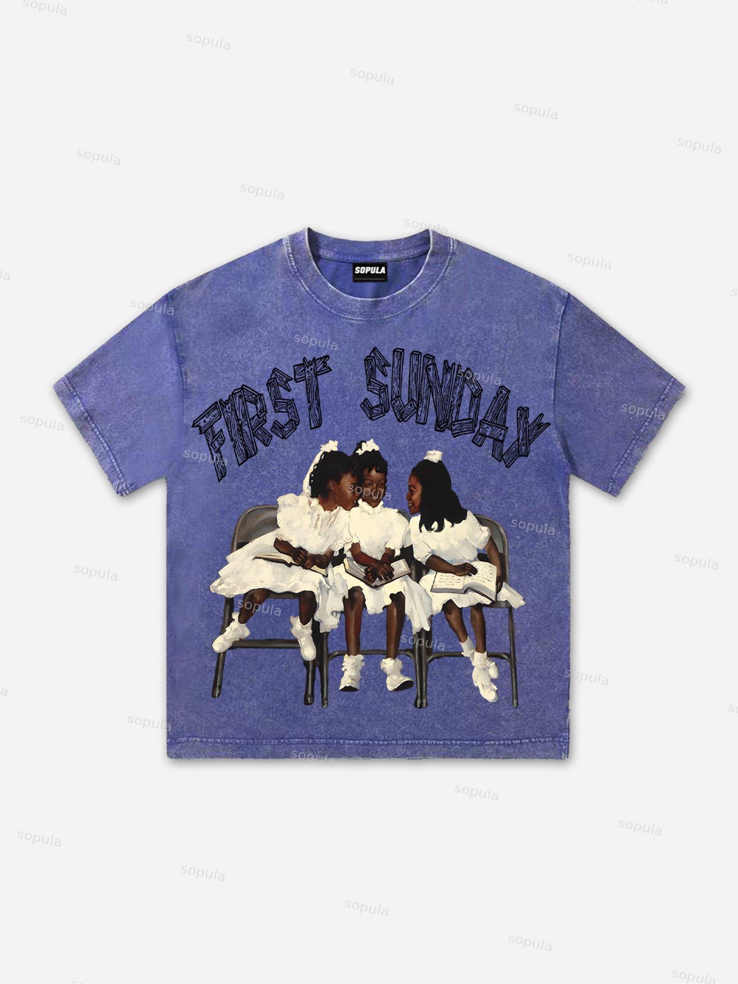 First Sunday Retro Graphic Print Acid Washed T-Shirt Product Image
