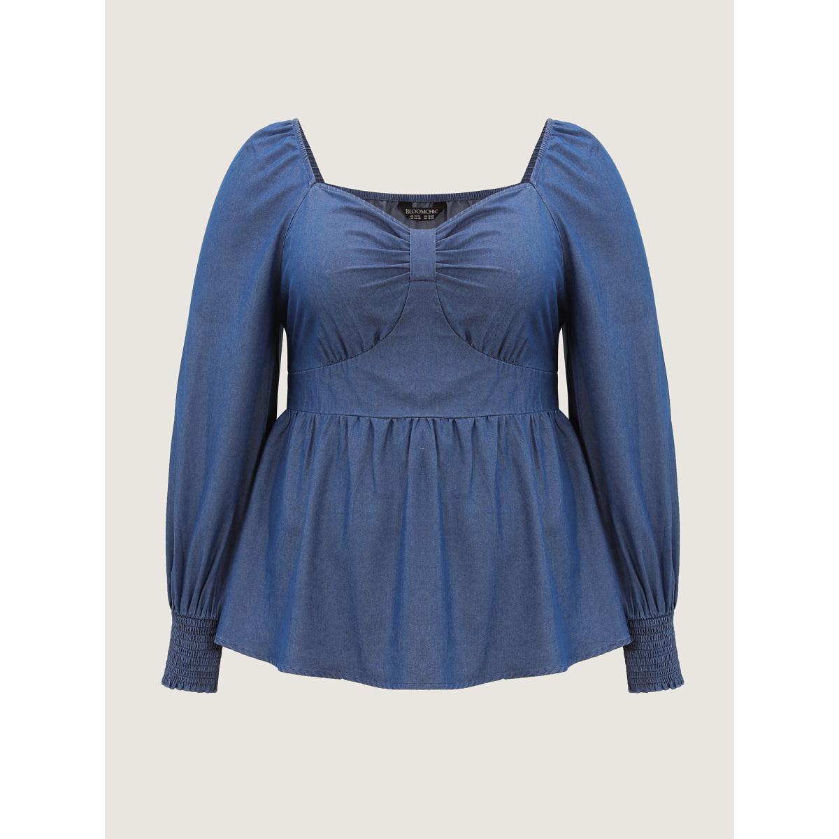 Plus Size Denimblue Denim Shirred Back Sweetheart Neck Blouse Women Timeless Long Sleeve Non Elegant Blouses BloomChic 28/5X Product Image