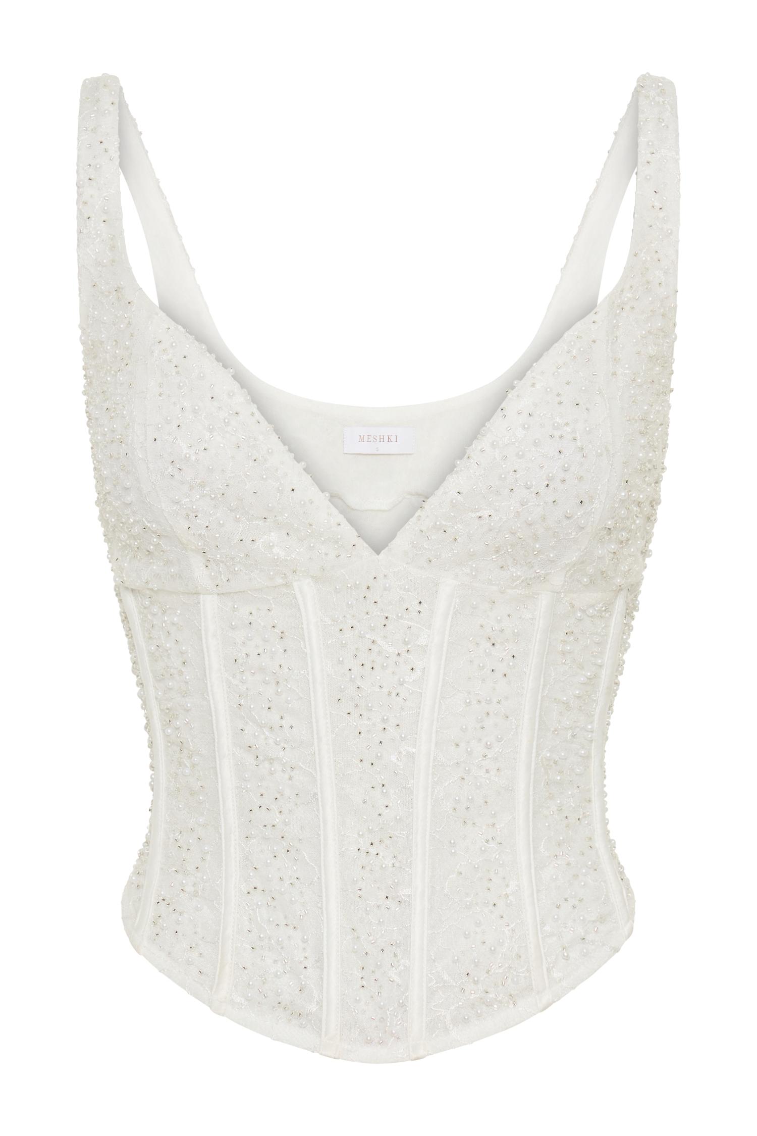 Elsie Pearl Beaded Bustier Top - White Product Image