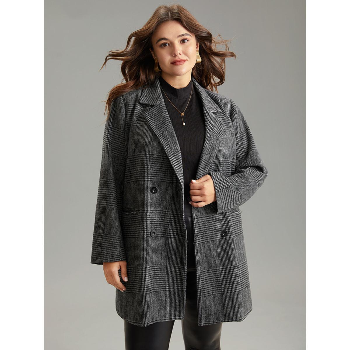 Plus Size Plaid Double Breasted Patched Pocket Tunic Coat Women DimGray Casual Texture Ladies Dailywear Winter Coats BloomChic 28/5X Product Image