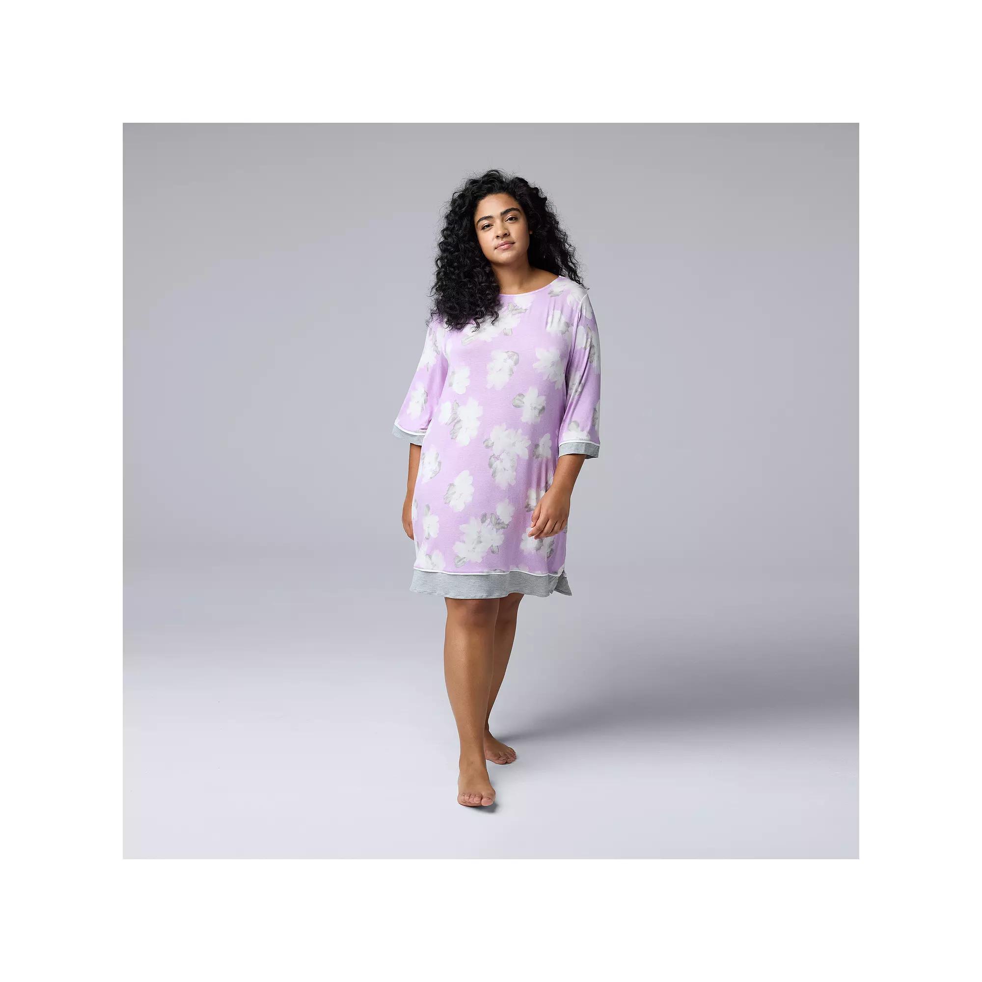 Plus Size Simply Vera Vera Wang 3/4 Sleeve Crewneck Sleepshirt, Women's, Size: 1XL, Purple Floral Product Image