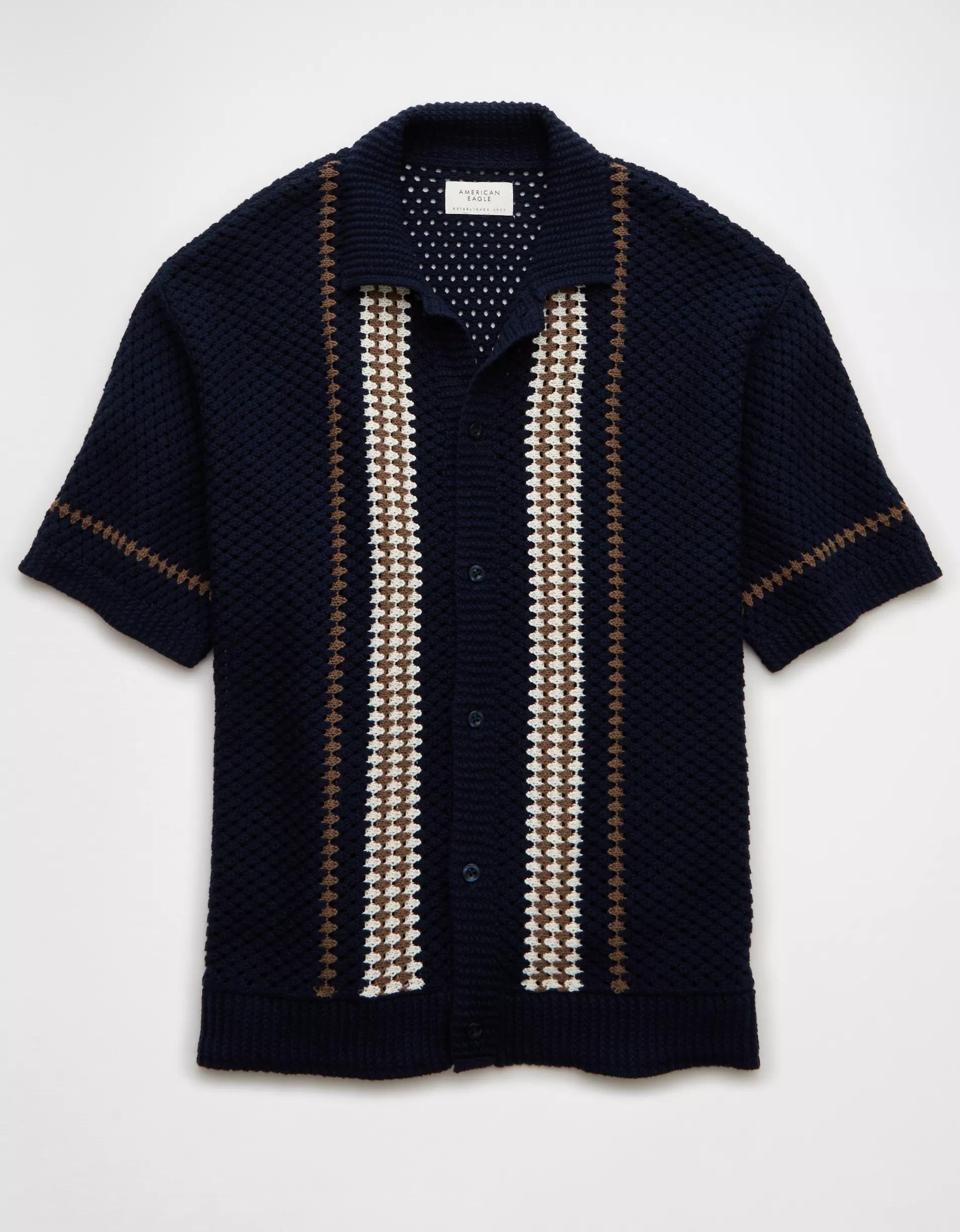 AE Weekend Crochet Button-Up Sweater Polo Shirt Product Image