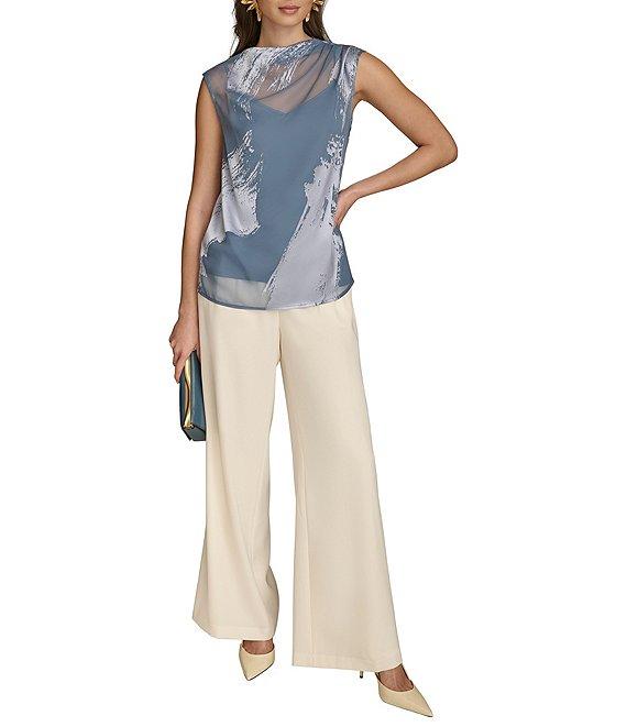 Donna Karan Charmeuse Burnout Ruched Mock Neck Pleated Shoulder Sleeveless Top Product Image