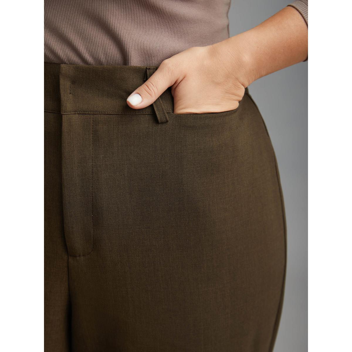 Plus Size Stretchy-Waist Decorative Pockets Straight-Leg Pants Women DarkBrown At the Office Straight Leg Mid Rise Work Pants BloomChic 26/4X Product Image