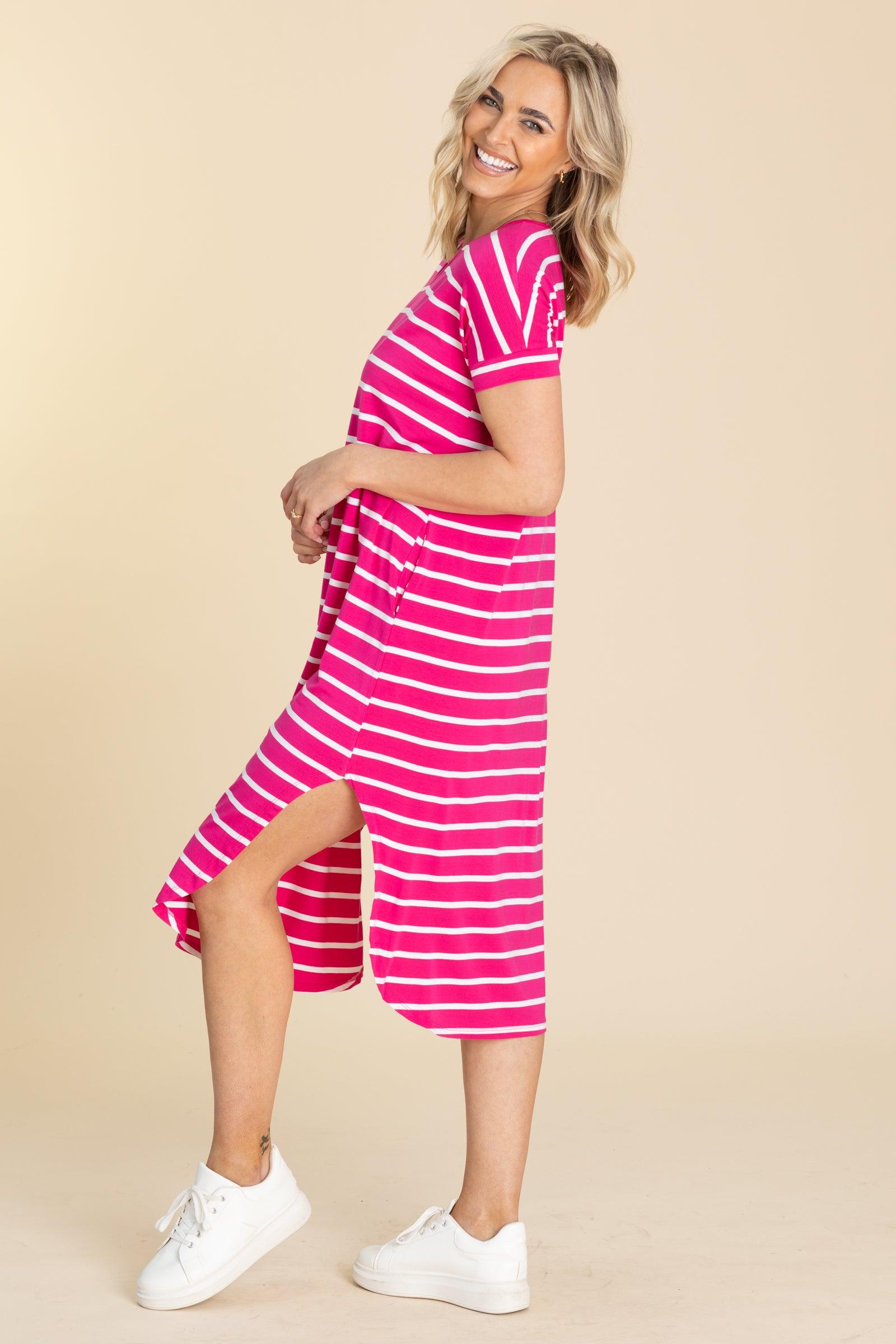 Striped Curved Hem Midi Dress With Pockets Product Image