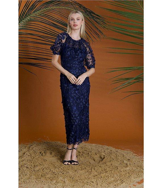 Maggy London Illusion Puff Short Sleeve Crew Neck Embroidered 3D Petal Applique Mesh MIdi Sheath Dress Product Image