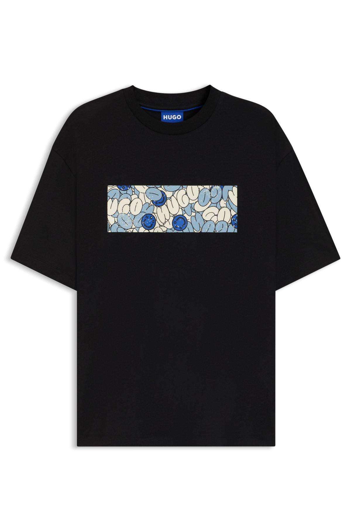 HUGO - Cotton jersey T-shirt with mixed-print logo - Black Product Image