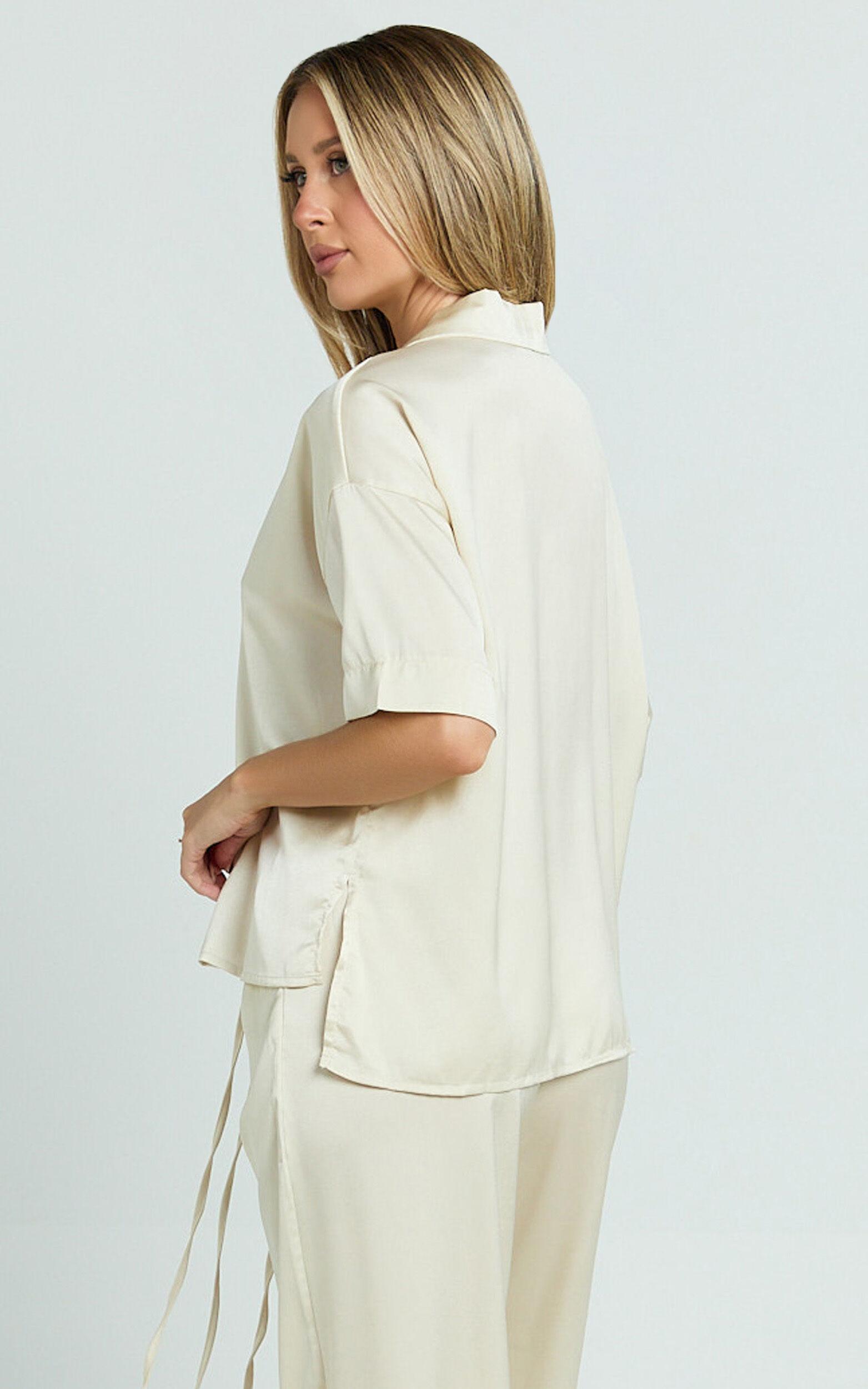 Jinky Top - Satin Tie Detail Short Sleeve Shirt in Off White Product Image